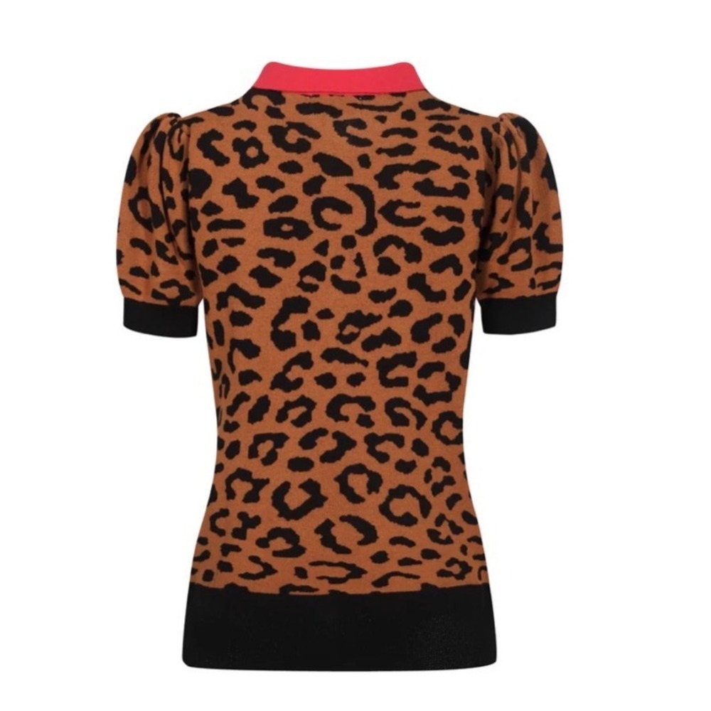OXKNIT Womens Leopard Print Cotton Knit Polo Puff Sleeve Top Red Collar 2XL - Picture 2 of 9